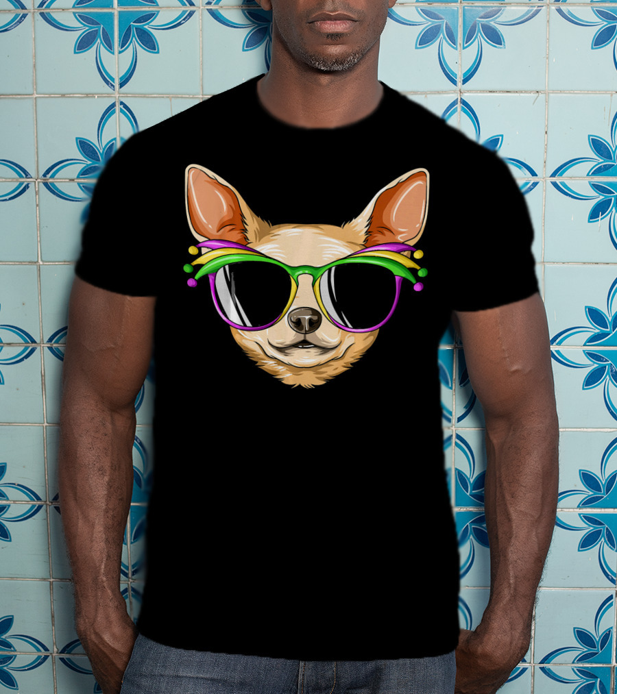Chihuahua Mardi Gras Carnival Mask Sunglasses T-Shirt