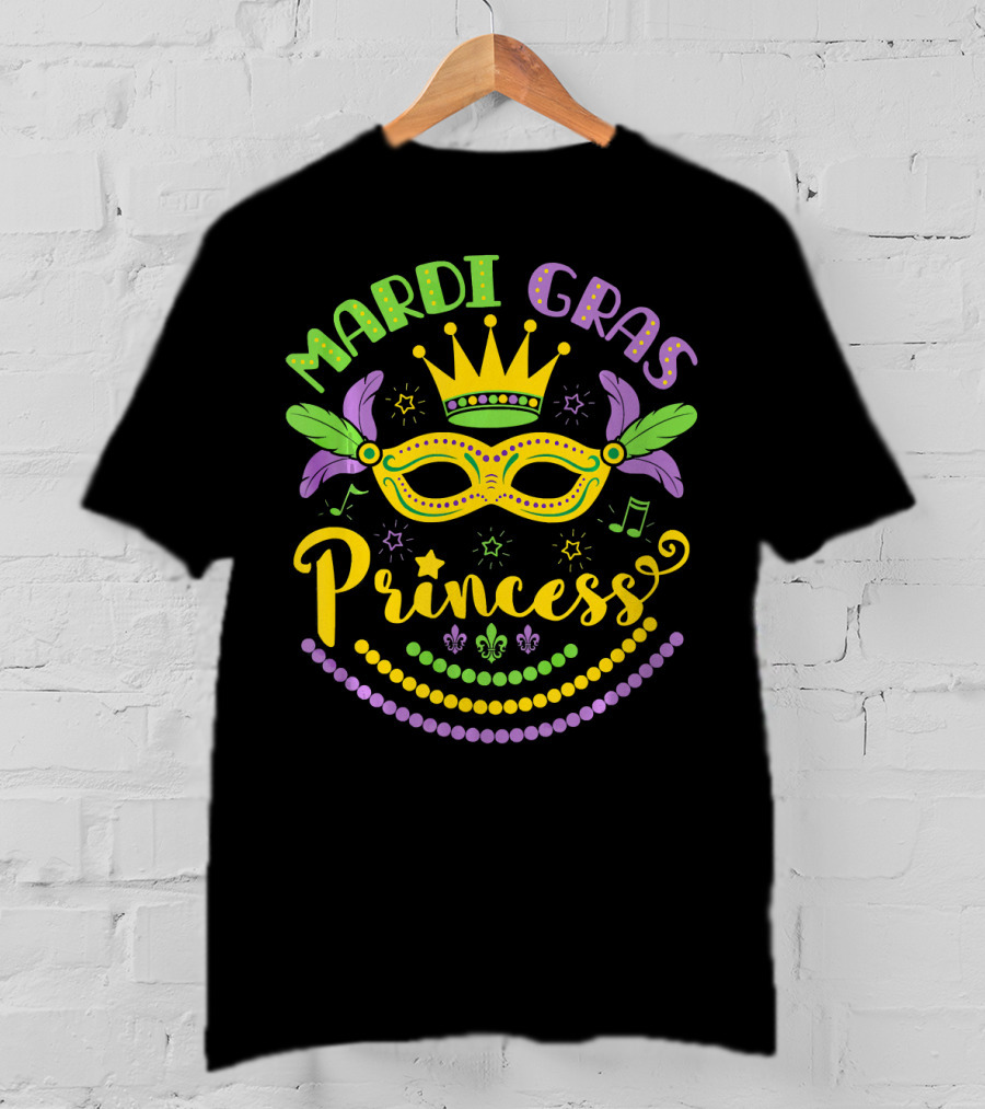 Mardi Gras Princess Crown Mask Beads Fleur-de-Lis Feathers Carnival T-Shirt