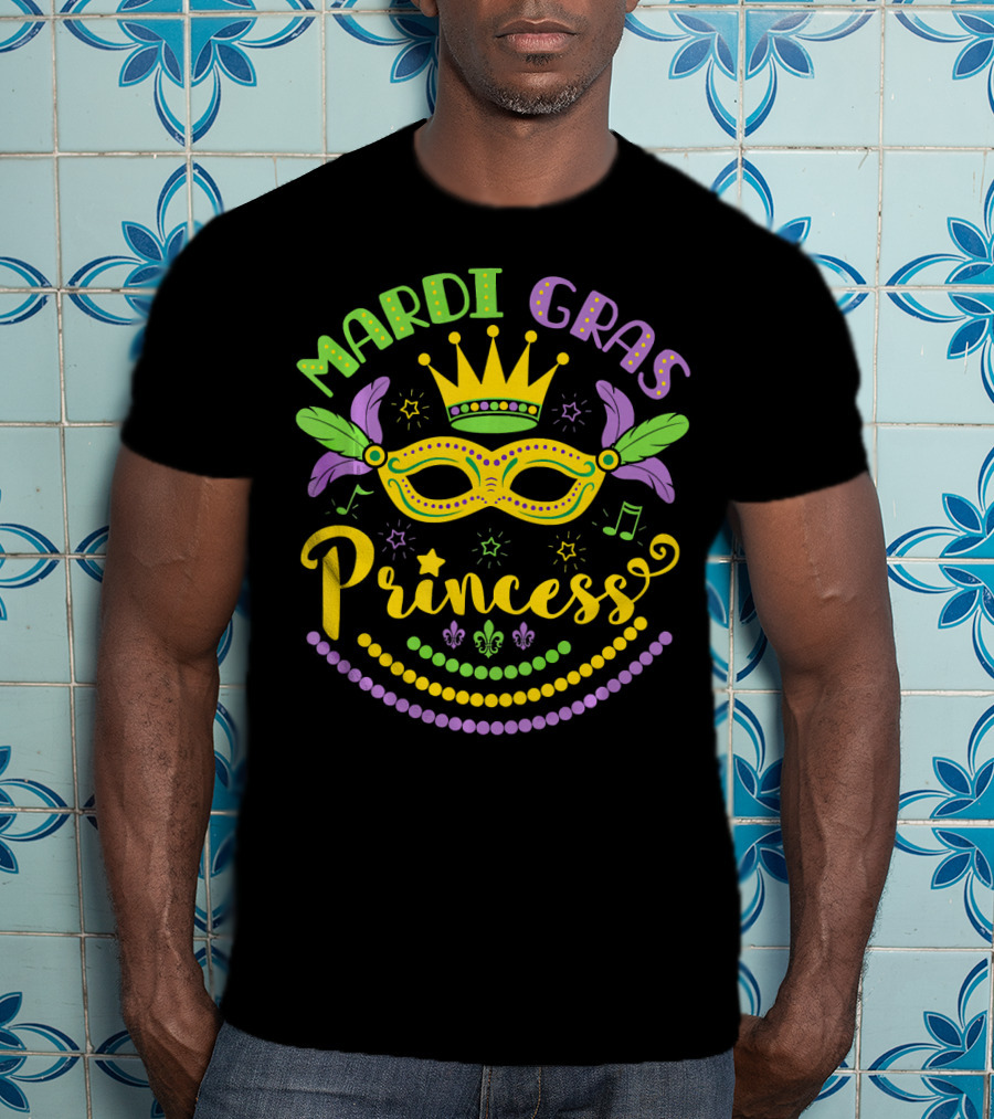 Mardi Gras Princess Crown Mask Beads Fleur-de-Lis Feathers Carnival T-Shirt