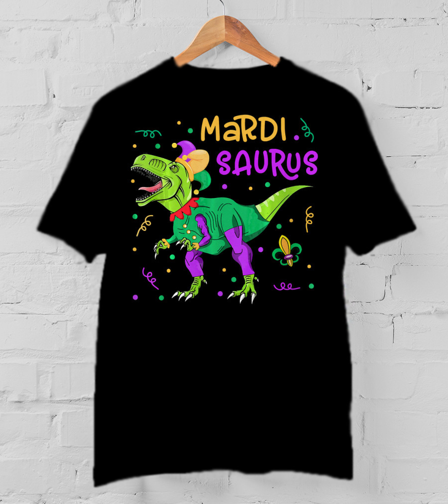 Mardisaurus Rex Dinosaur Mardi Gras Beads Jester Hat Fleur-de-Lis T-Shirt