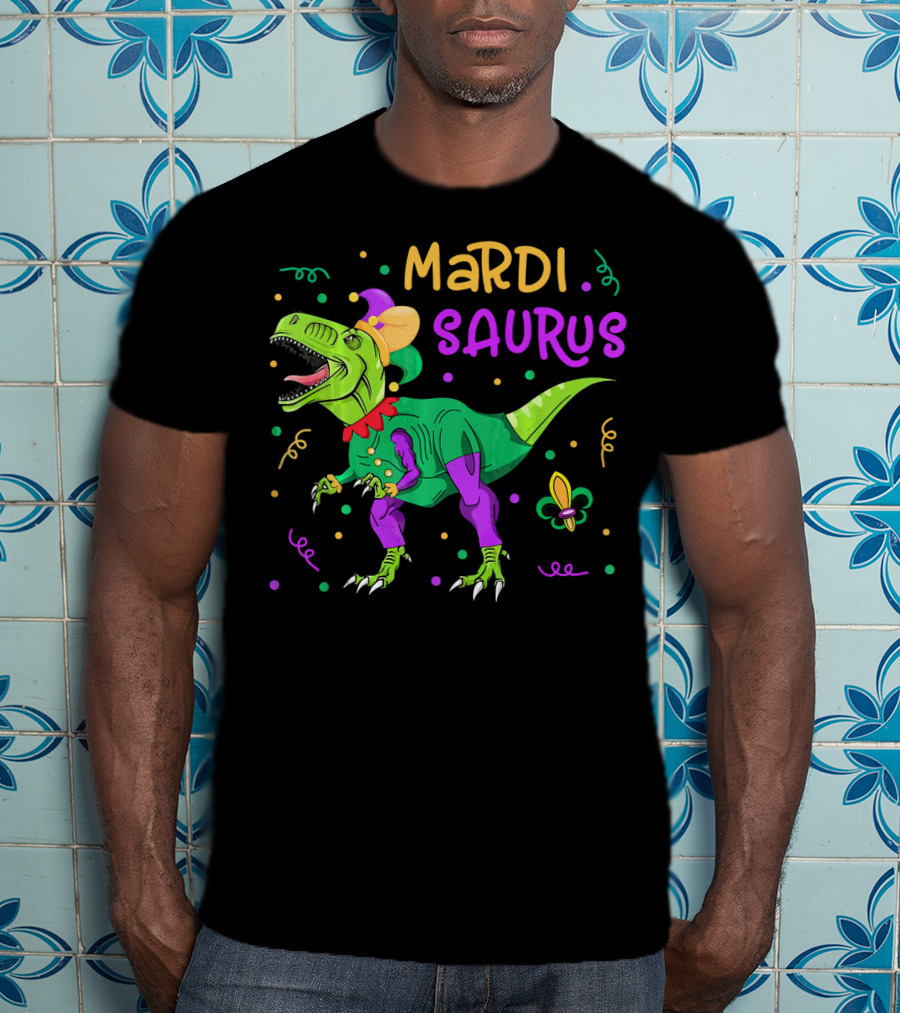 Mardisaurus Rex Dinosaur Mardi Gras Beads Jester Hat Fleur-de-Lis T-Shirt
