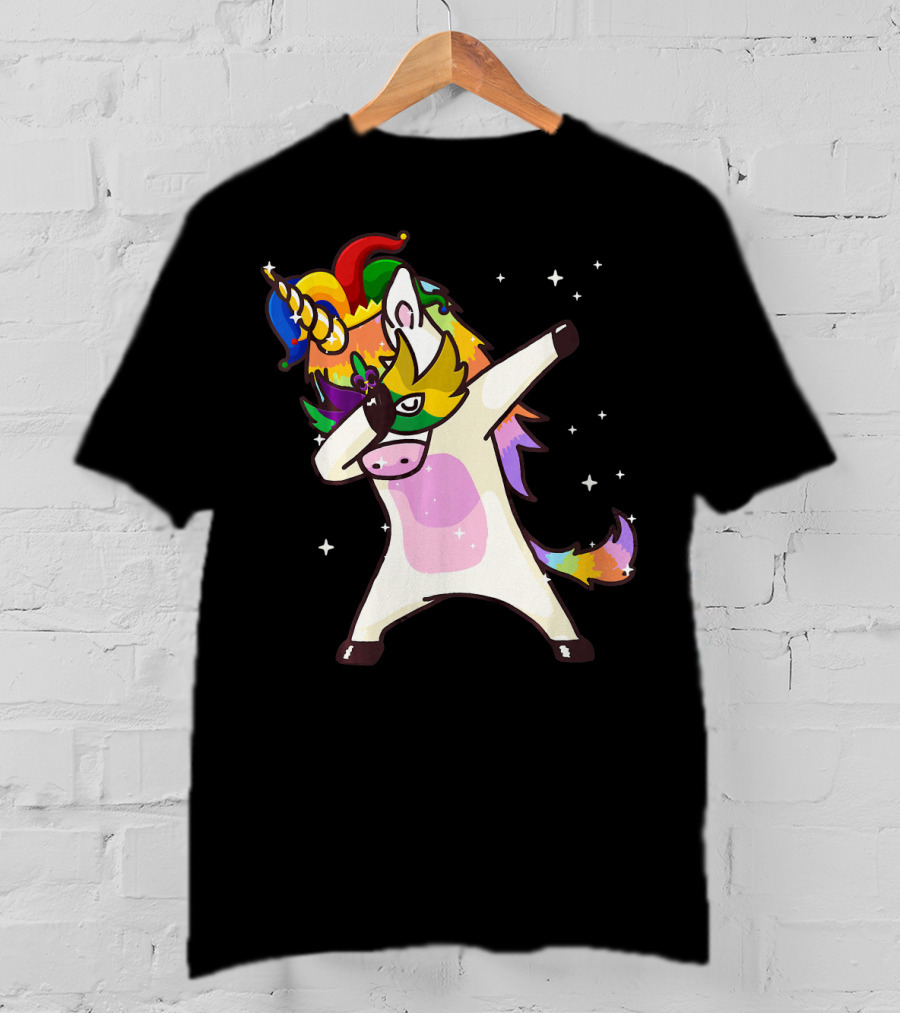 Mardi Gras Dabbing Unicorn Jester Mask Party T-Shirt