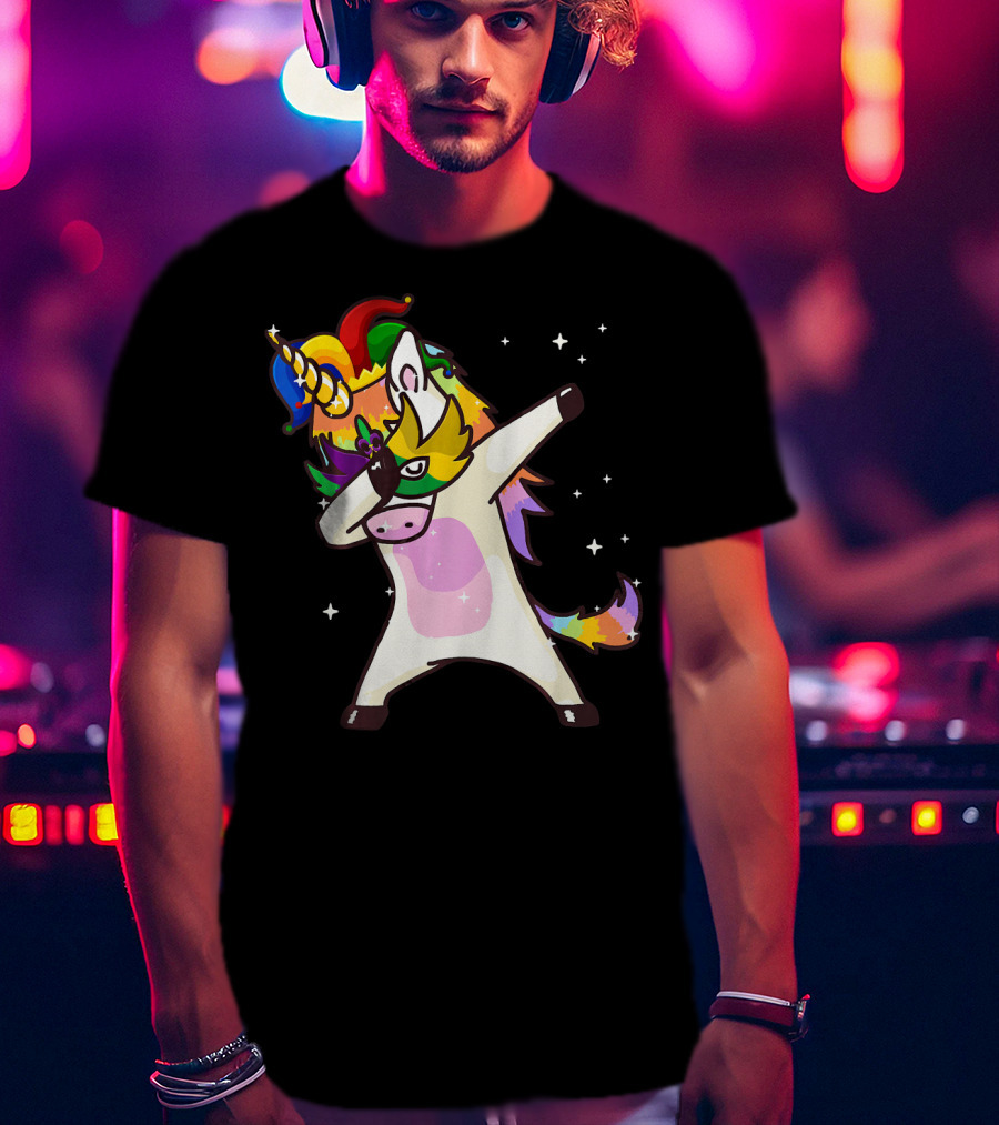 Mardi Gras Dabbing Unicorn Jester Mask Party T-Shirt