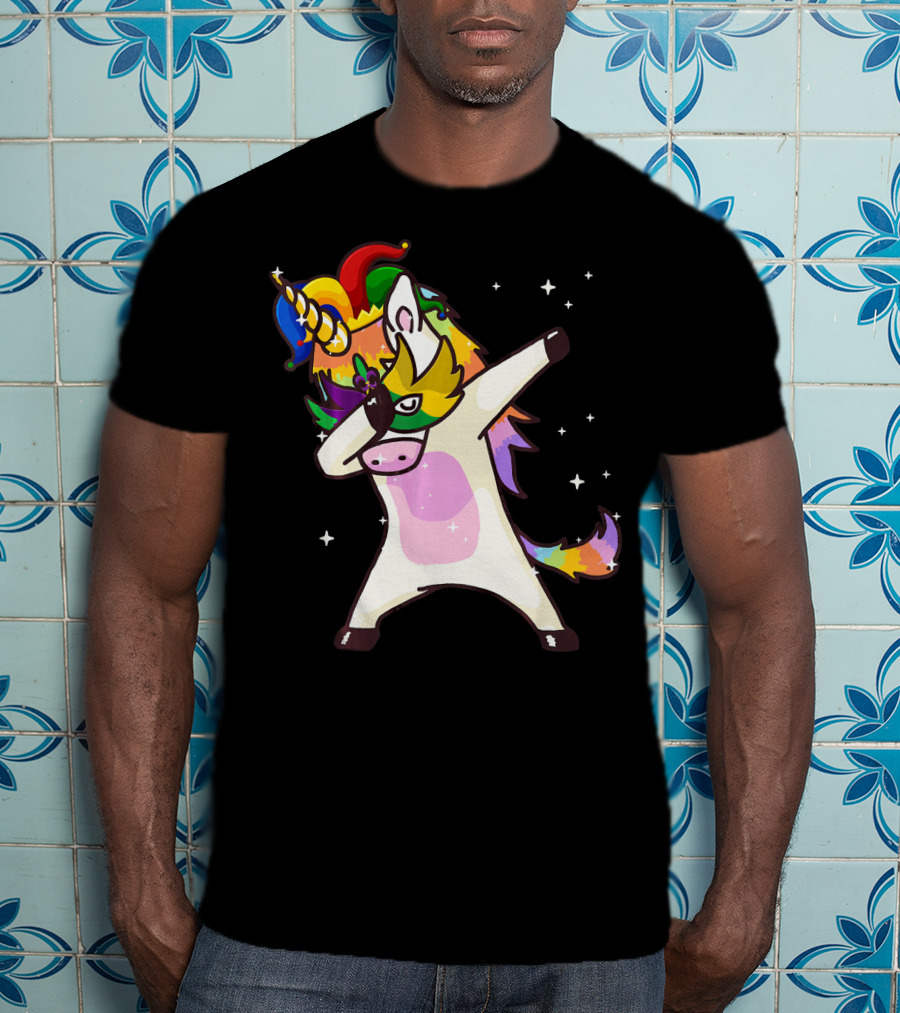 Mardi Gras Dabbing Unicorn Jester Mask Party T-Shirt
