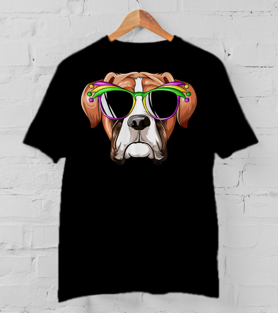 Boxer Dog Mardi Gras Jester Glasses Carnival Mask T-Shirt