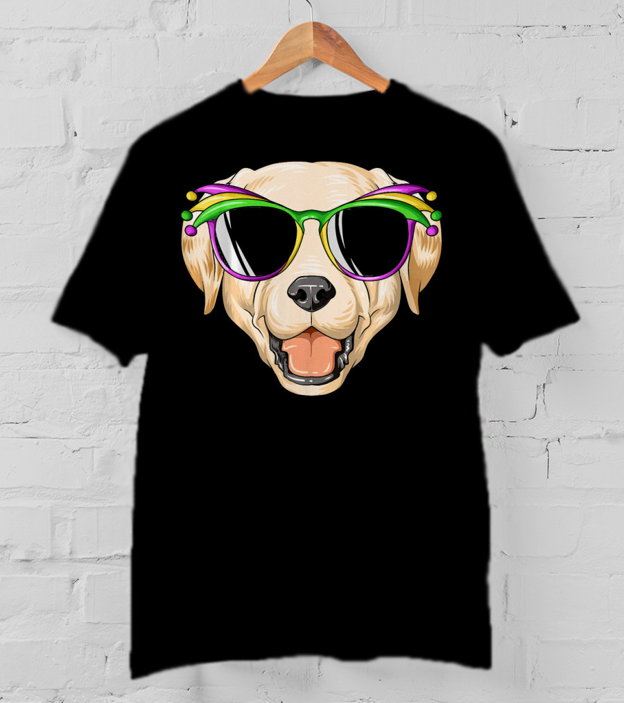 Labrador Dog With Mardi Gras Jester Carnival Mask Glasses T-Shirt