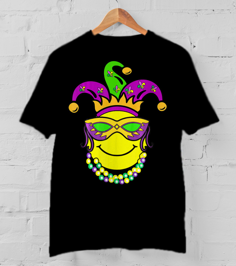 Mardi Gras Emoji Jester Mask Fleur-de-Lis Beads Funny Mardi Gras Lover T-Shirt