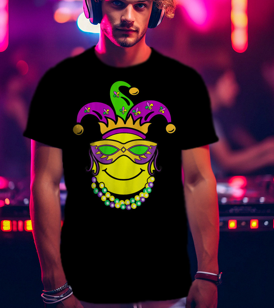 Mardi Gras Emoji Jester Mask Fleur-de-Lis Beads Funny Mardi Gras Lover T-Shirt