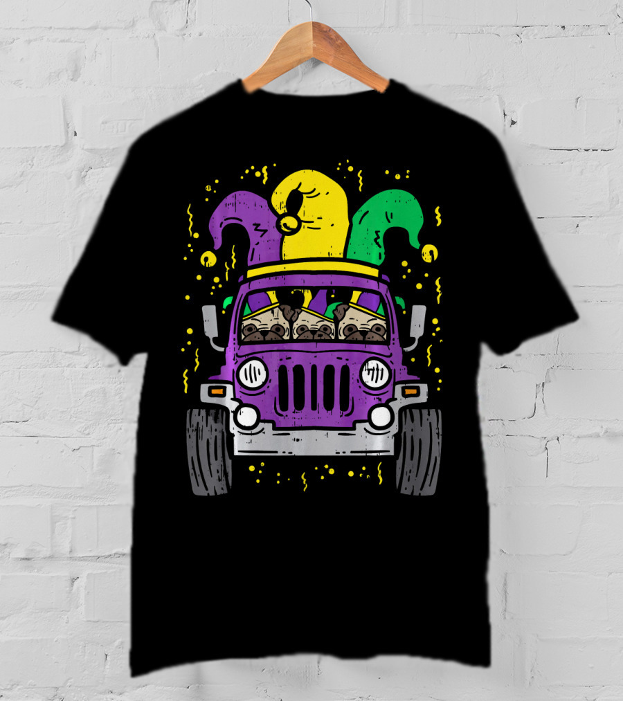 Mardi Gras Jester Pug Dogs In Purple Car T-Shirt