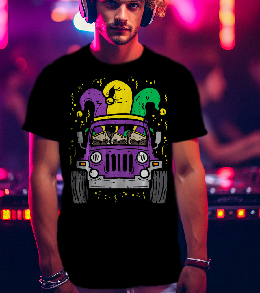 Mardi Gras Jester Pug Dogs In Purple Car T-Shirt