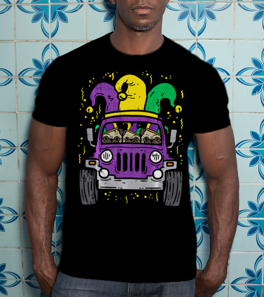 Mardi Gras Jester Pug Dogs In Purple Car T-Shirt