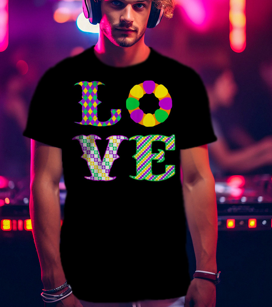 Mardi Gras Love Harlequin Pattern New Orleans T-Shirt