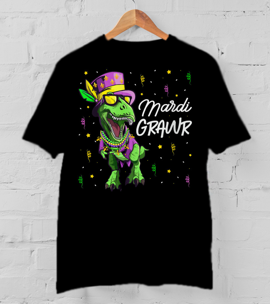 Mardi Grawr T-Rex Dinosaur Mardi Gras Beads And Hat T-Shirt
