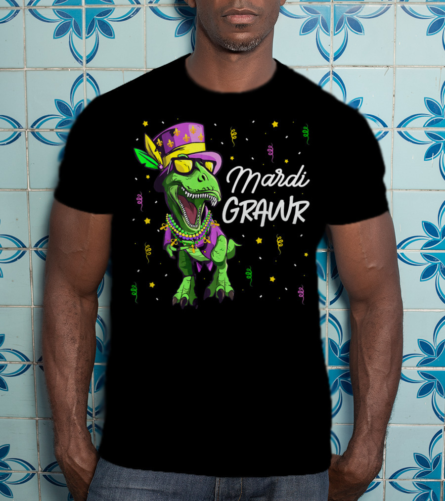 Mardi Grawr T-Rex Dinosaur Mardi Gras Beads And Hat T-Shirt