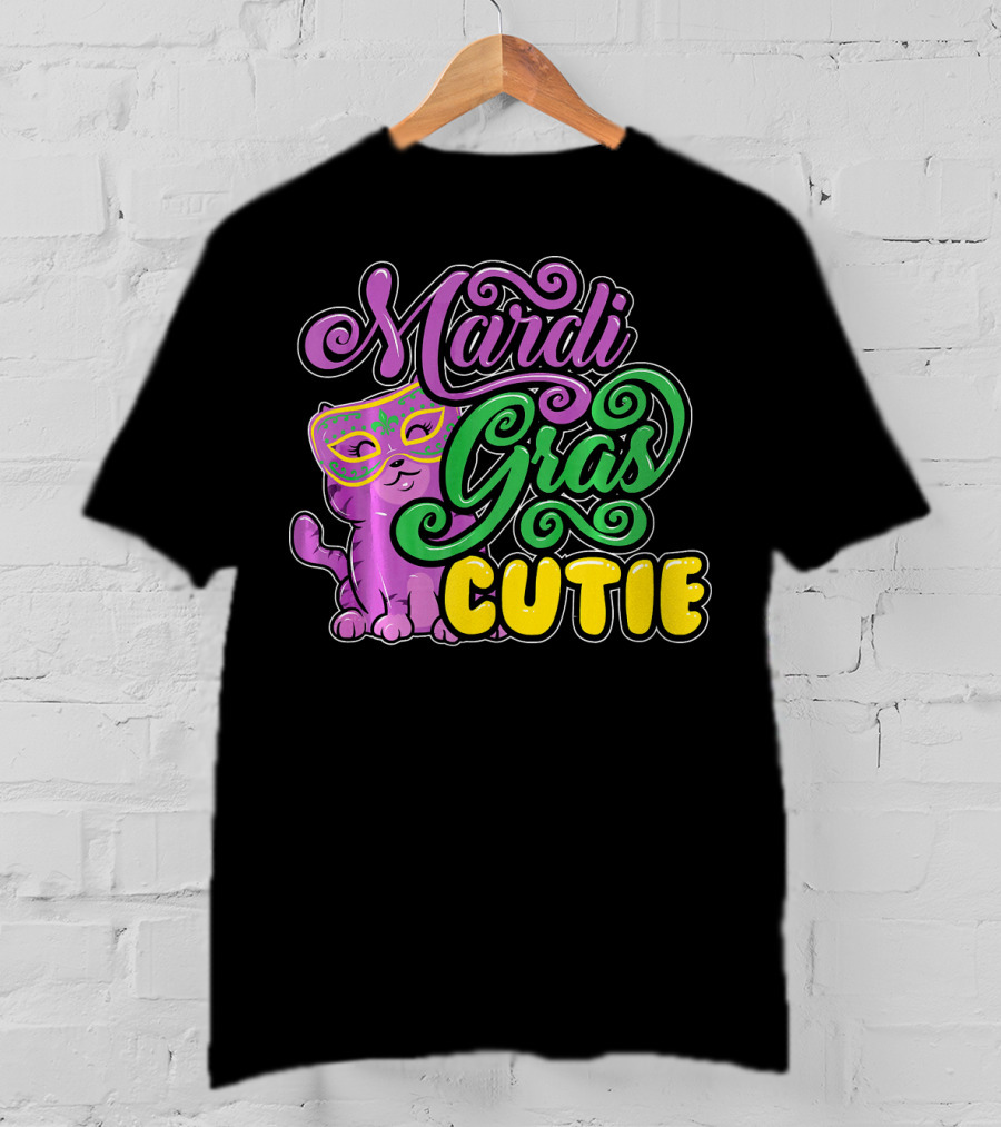 Mardi Gras Cutie Girls Parade Cute Novel Cat With Mask T-Shirt