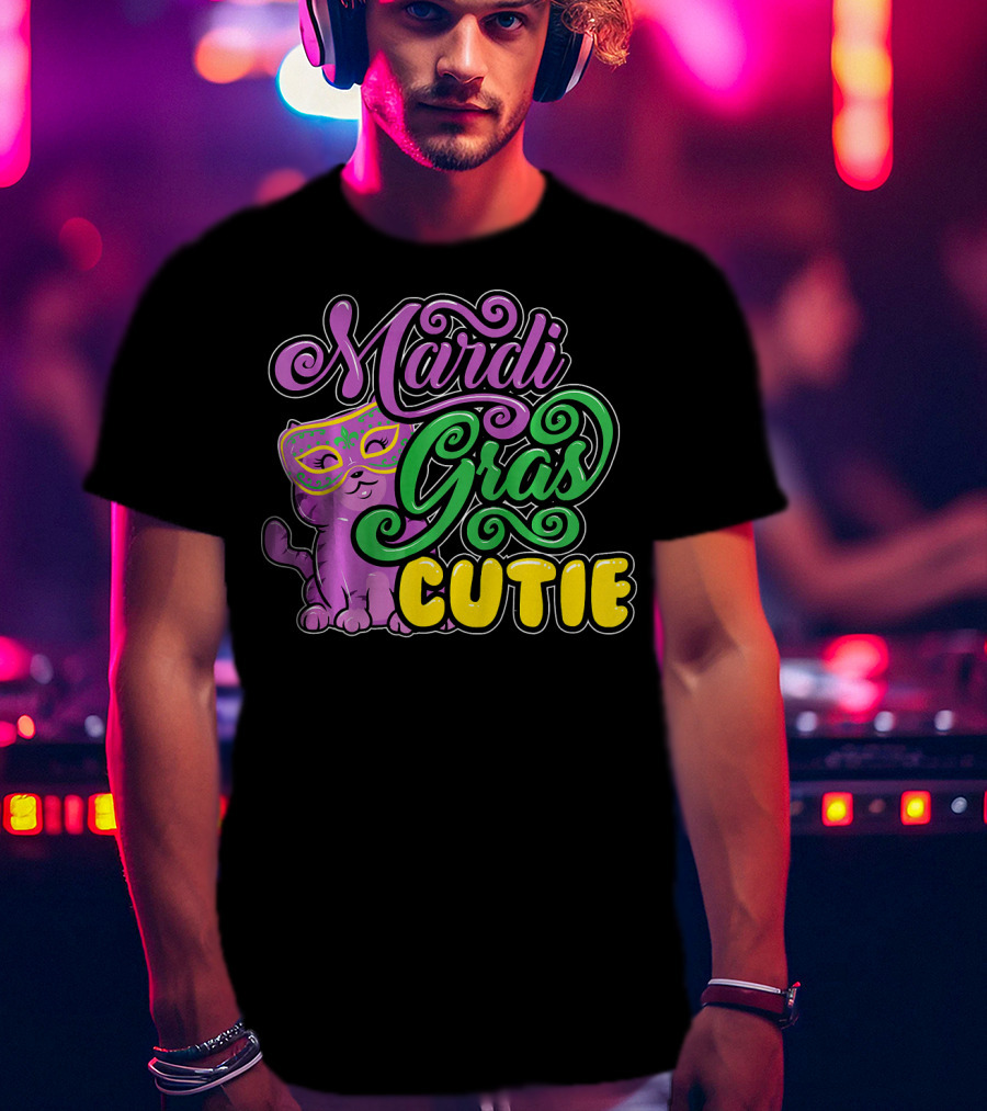 Mardi Gras Cutie Girls Parade Cute Novel Cat With Mask T-Shirt