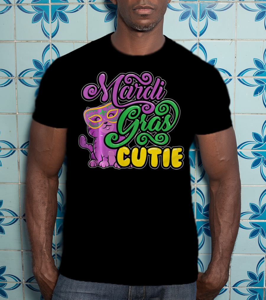 Mardi Gras Cutie Girls Parade Cute Novel Cat With Mask T-Shirt