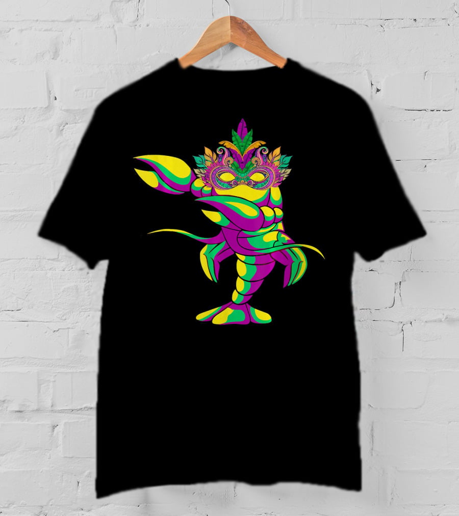 Dabbing Crawfish With Colorful Mardi Gras Mask And Feathers T-Shirt
