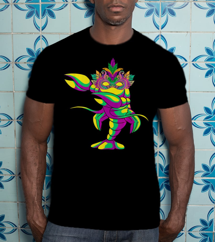 Dabbing Crawfish With Colorful Mardi Gras Mask And Feathers T-Shirt