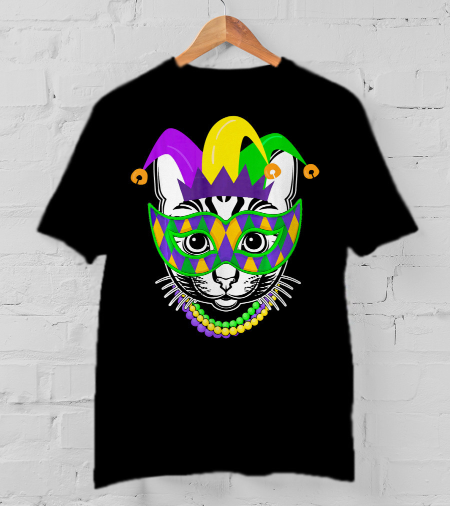 Mardi Gras Cat Jester Mask Beads Kitty Lovers T-Shirt