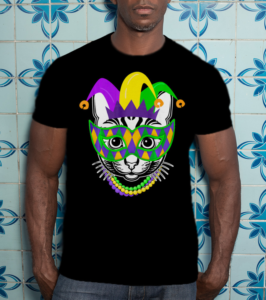 Mardi Gras Cat Jester Mask Beads Kitty Lovers T-Shirt