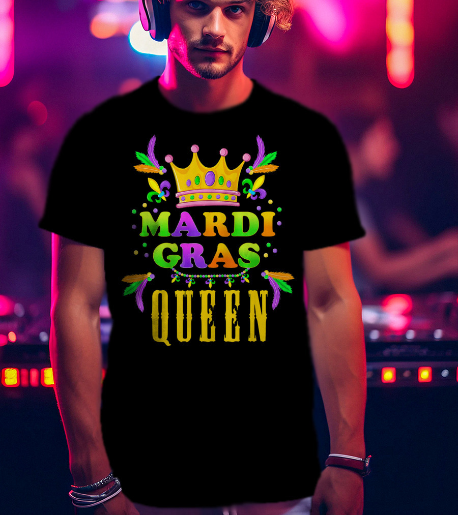 Mardi Gras Queen Colorful Crown Fleur-de-Lis Feathers T-Shirt