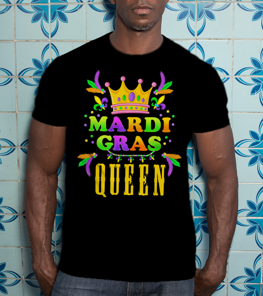 Mardi Gras Queen Colorful Crown Fleur-de-Lis Feathers T-Shirt