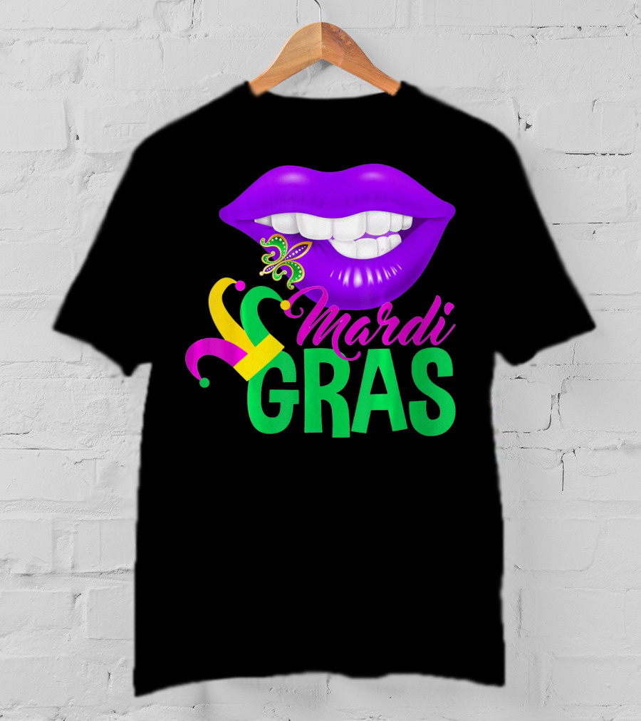 Mardi Gras Lips With Jester Hat And Fleur-de-Lis T-Shirt
