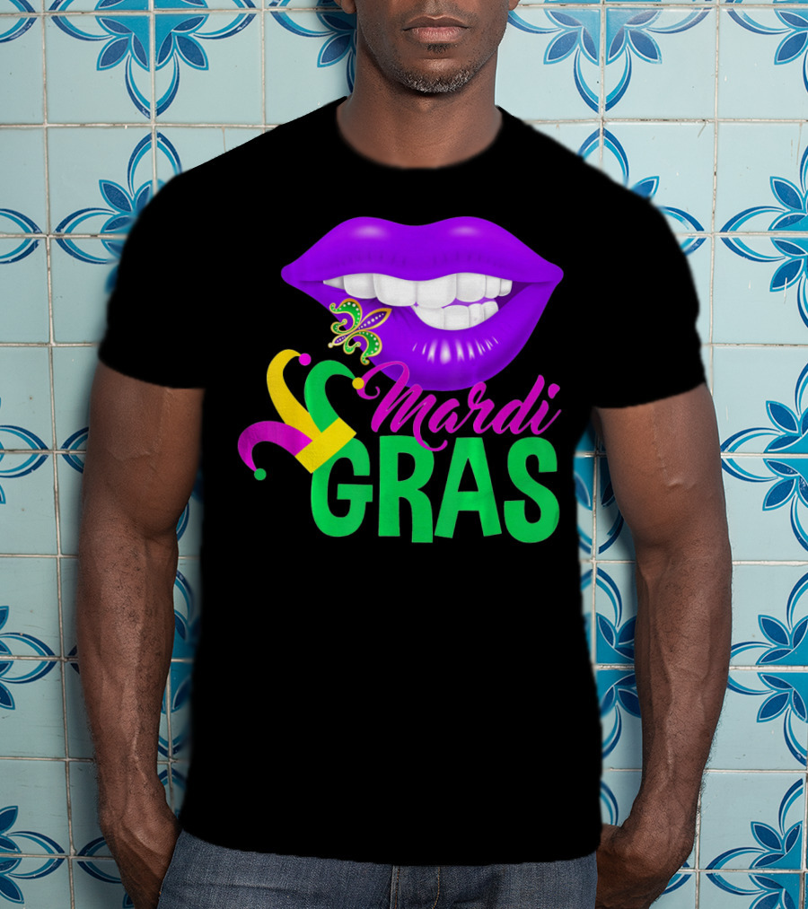 Mardi Gras Lips With Jester Hat And Fleur-de-Lis T-Shirt