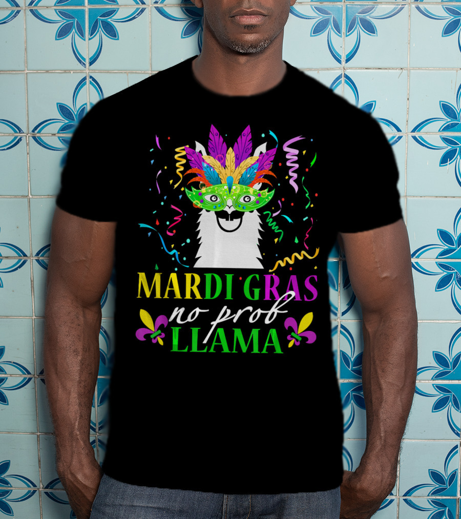 Mardi Gras No Prob Llama Colorful Celebration Mask And Confetti T-Shirt