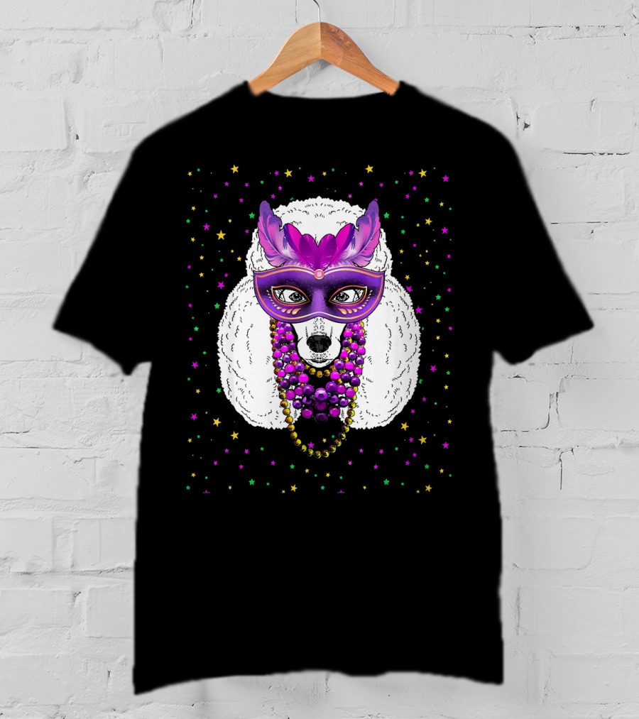 Mardi Gras Poodle With Funny Beads And Masquerade Mask T-Shirt