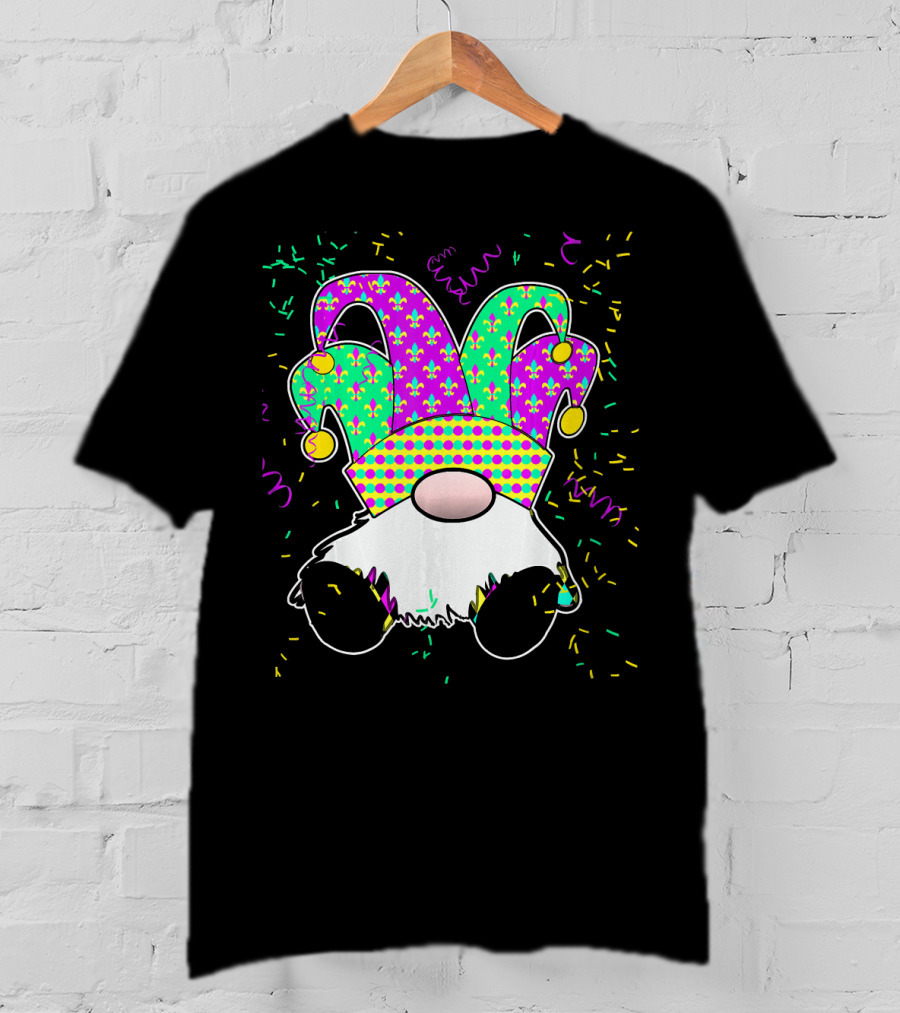 Cute Mardi Gras Gnome Jester Hat Fleur De Lis Fun Confetti T-Shirt