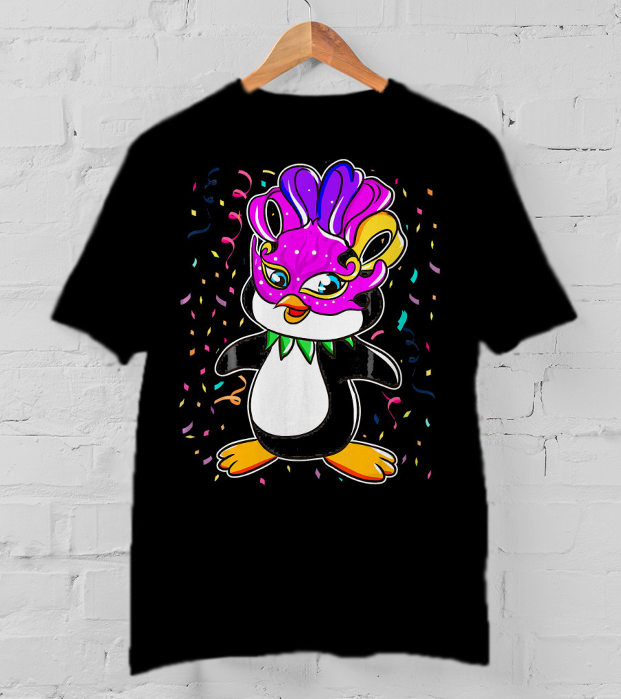 Penguin Mardi Gras Lover Funny Masquerade Festive Confetti T-Shirt