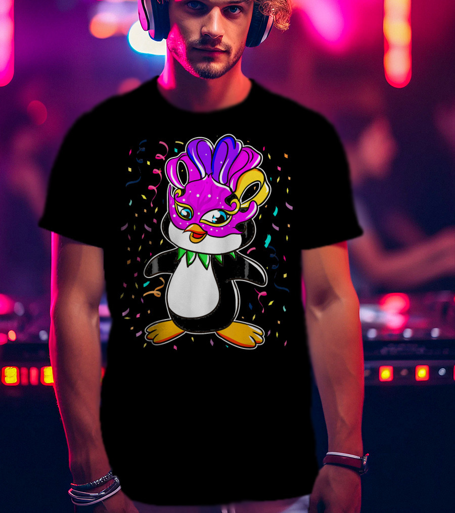 Penguin Mardi Gras Lover Funny Masquerade Festive Confetti T-Shirt