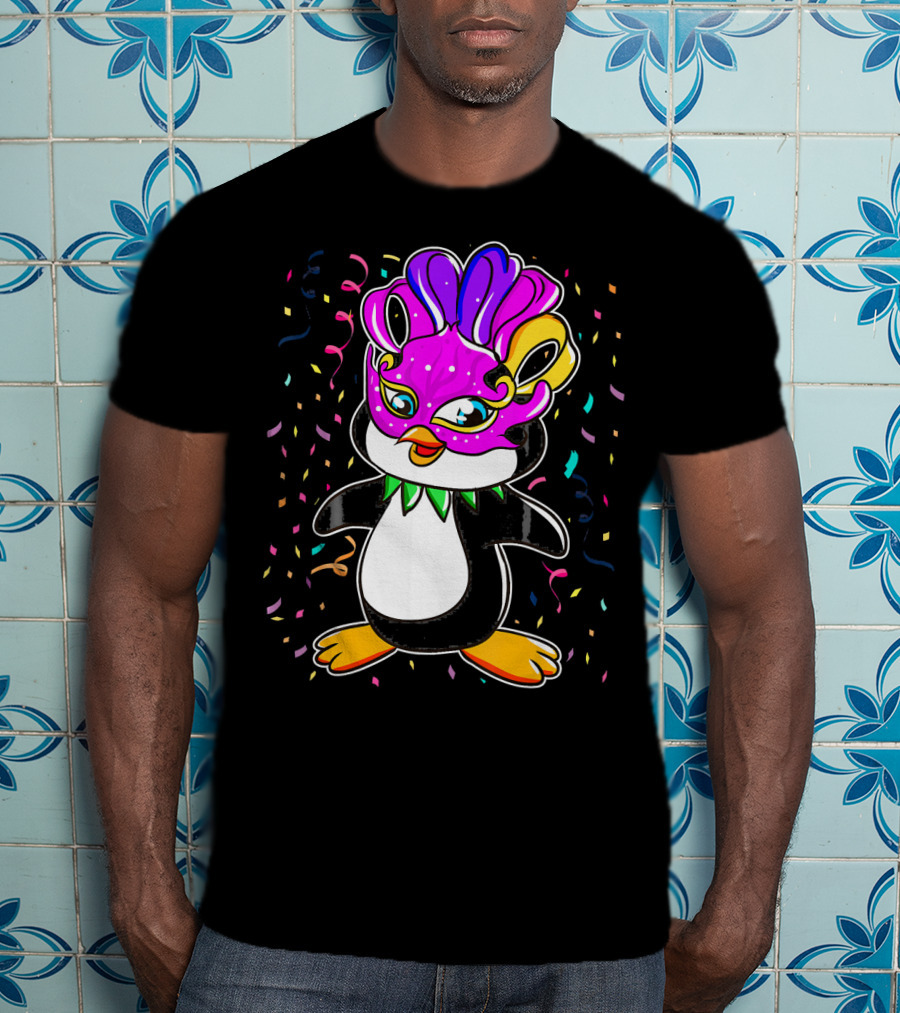 Penguin Mardi Gras Lover Funny Masquerade Festive Confetti T-Shirt