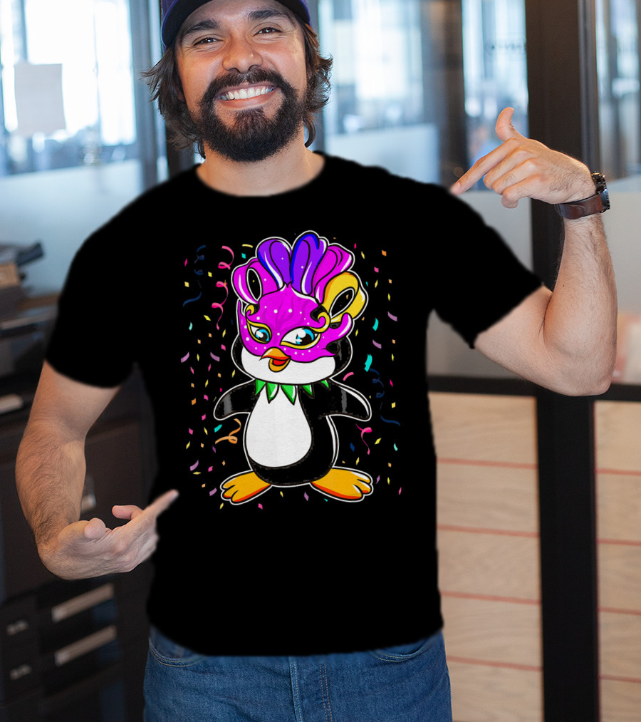 Penguin Mardi Gras Lover Funny Masquerade Festive Confetti T-Shirt
