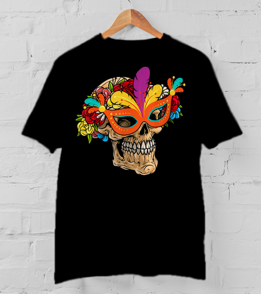 Mardi Gras Skull Mask With Colorful Floral Jester Hat T-Shirt