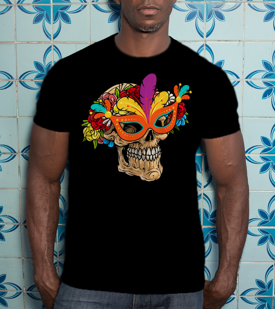 Mardi Gras Skull Mask With Colorful Floral Jester Hat T-Shirt