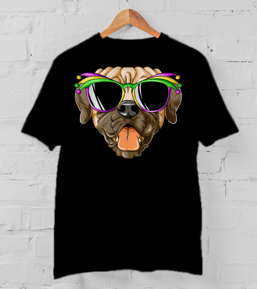 Mardi Gras Carnival Mask Mastiff Sunglasses Fun T-Shirt