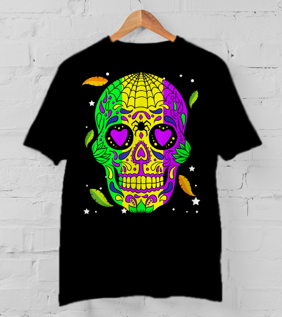 Mardi Gras Skull Jester Hat Colorful Feather T-Shirt