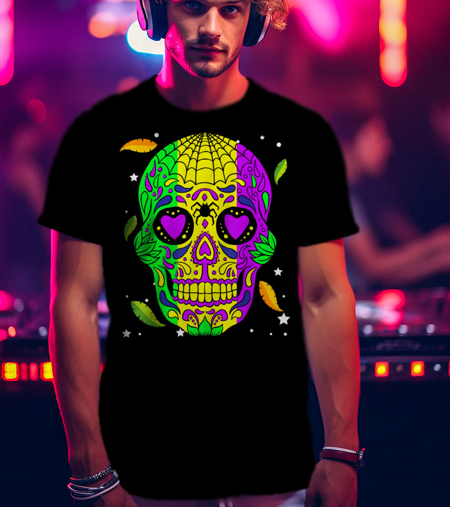 Mardi Gras Skull Jester Hat Colorful Feather T-Shirt