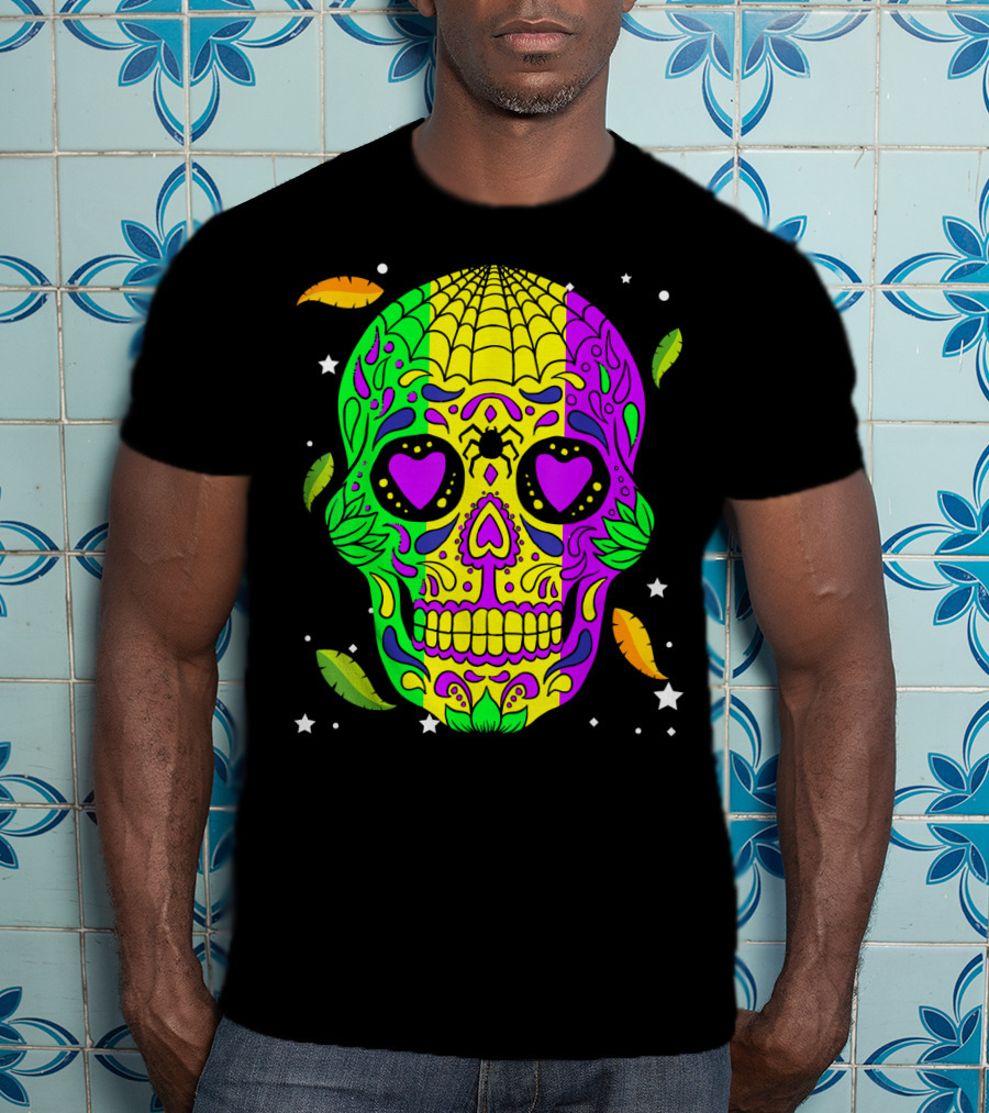 Mardi Gras Skull Jester Hat Colorful Feather T-Shirt