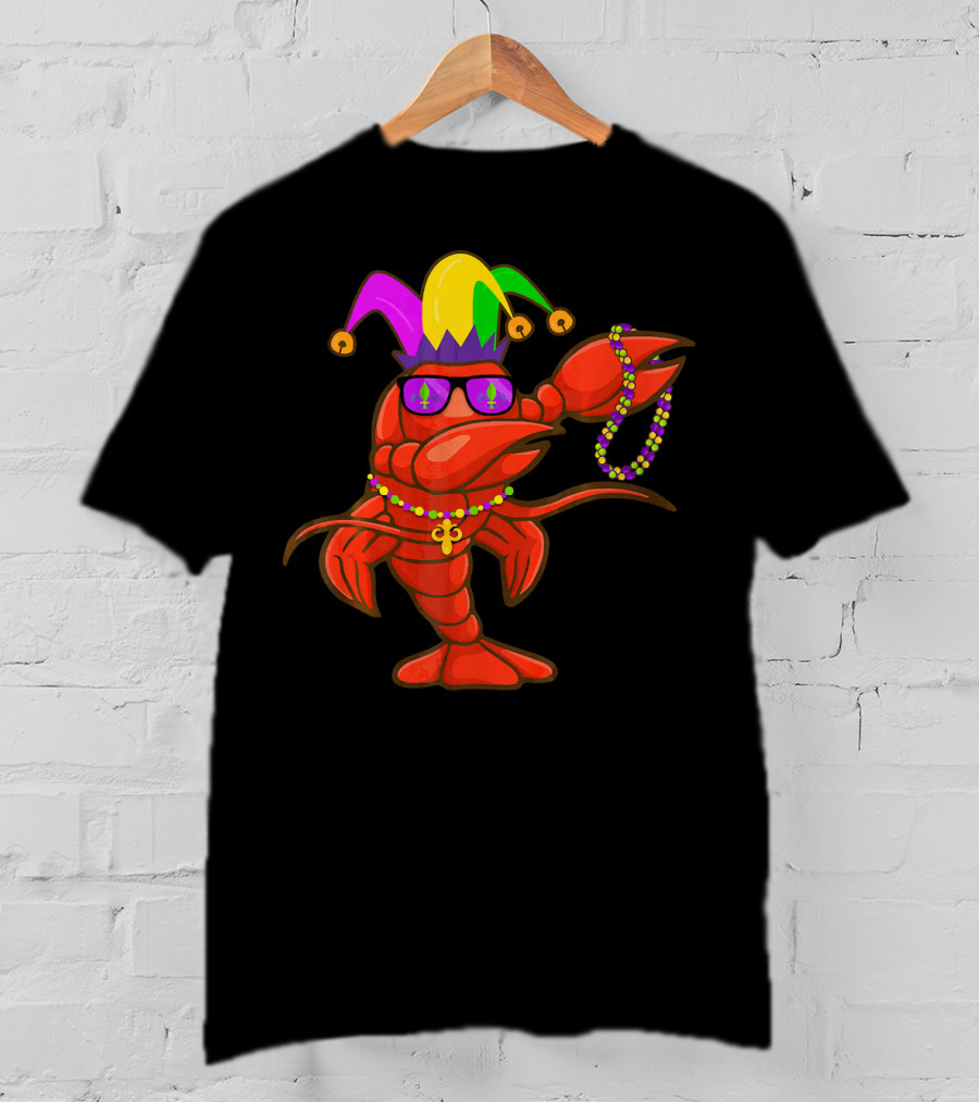 Jester Hat Crawfish Dabbing With Mardi Gras Beads Party T-Shirt