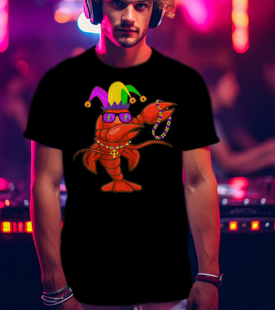 Jester Hat Crawfish Dabbing With Mardi Gras Beads Party T-Shirt