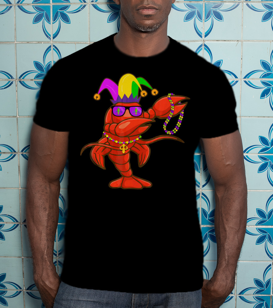Jester Hat Crawfish Dabbing With Mardi Gras Beads Party T-Shirt