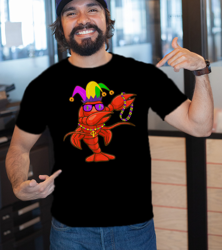 Jester Hat Crawfish Dabbing With Mardi Gras Beads Party T-Shirt