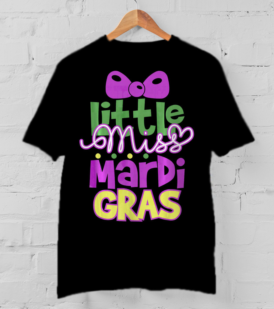 Little Miss Mardi Gras Bow Colorful Letters T-Shirt