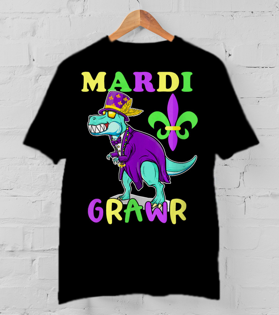 Mardi Grawr Dinosaur Rex New Orleans Fleur De Lis T-Shirt