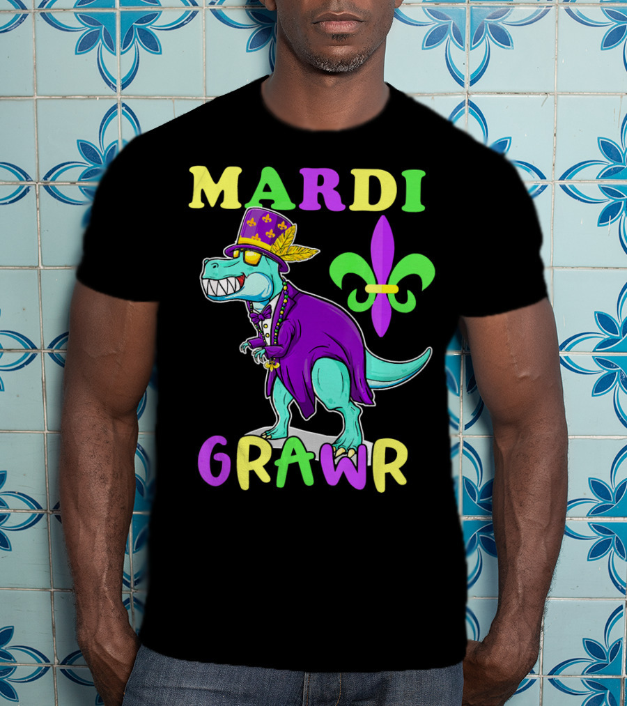 Mardi Grawr Dinosaur Rex New Orleans Fleur De Lis T-Shirt