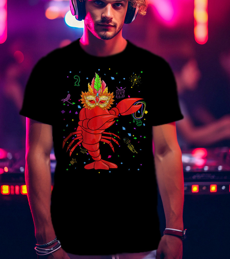 Dabbing Lobster With Mardi Gras Mask And Beads Confetti T-Shirt